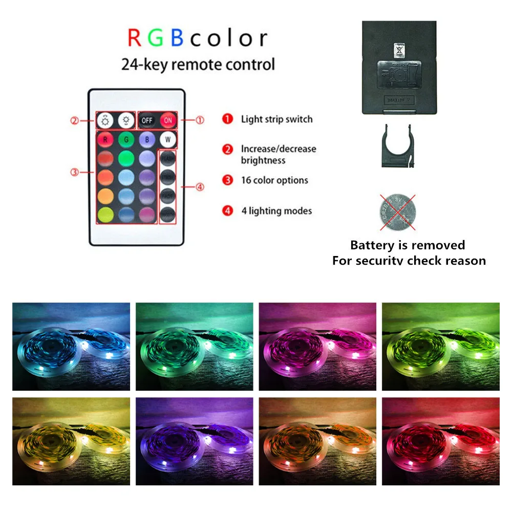 LED Strip Lights 5050 RGB 3keys 24keys 44 keys Remote Control USB Neon Light Colorful TV Background Decoration for home Lighting