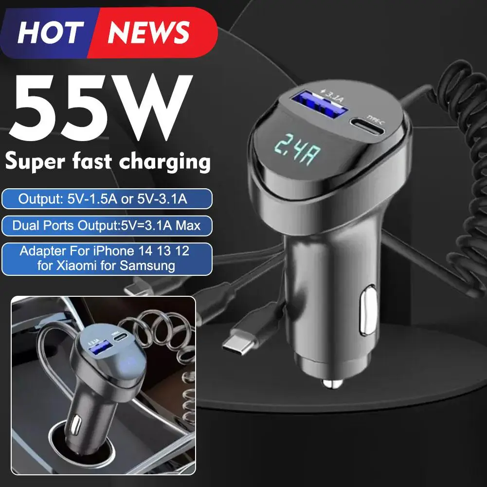 

Car Charger 55w 2 Port Usb Fast Car Phone Charger 3.1a Car Voltage Retractable With Usb 3-in-1 Cable Display Charging O2d3