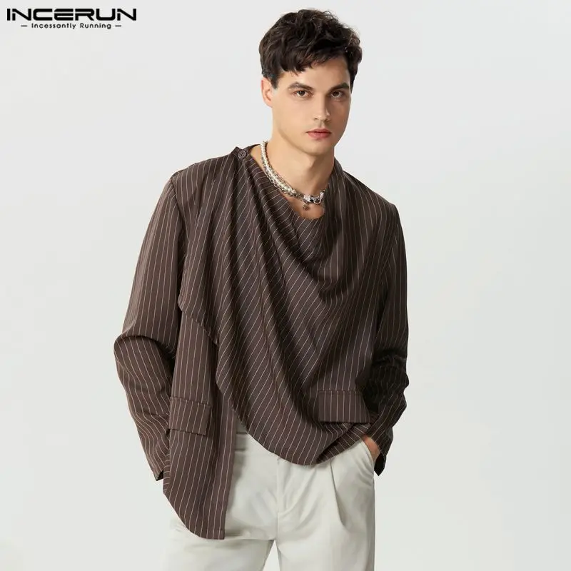 

INCERUN Tops 2023 American Style Handsome Men's All-match Stripe Design Shirts Leisure Male Pile Neck Long Sleeved Blouse S-5XL