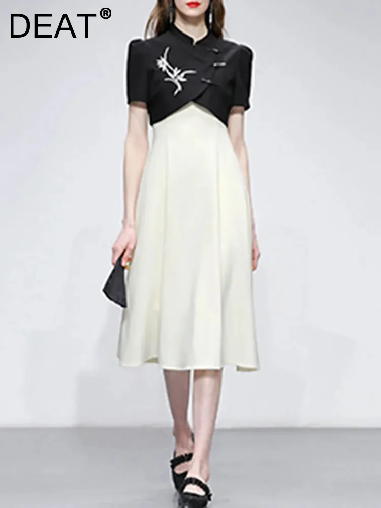 

DEAT Women 2 Pcs Set Stand Collar Embroidery Short Sleeve Mini Coat Slip Slim Elegant Dress Fashion Suit Summer 2024 New 13DL13