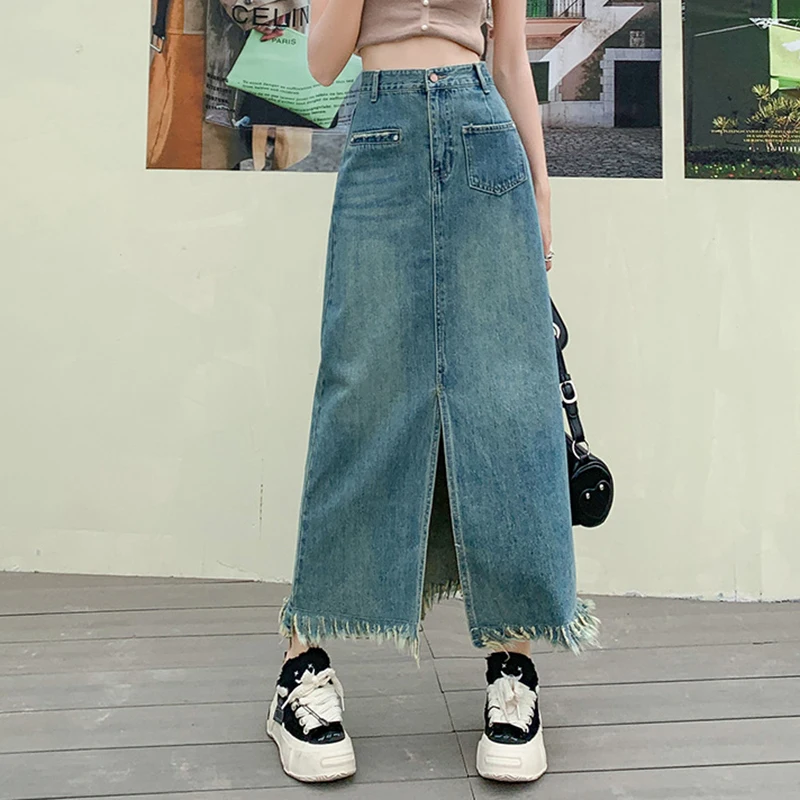 

Vintage High Waist Tassel Denim Skirt 2023 Summer Women Personality Pocket Design Long Split Skirt Y2k Fashion Loose Jean Skirts