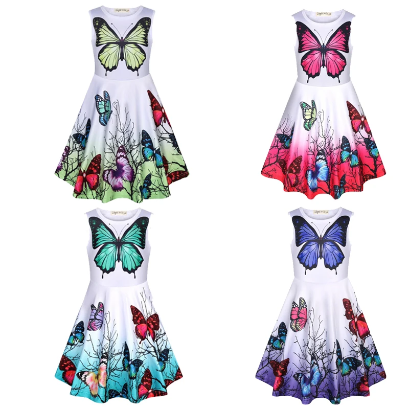 

New Summer Adorable Girls Family Party Costume Sleeveless Print Vest Skirt Colorful Butterfly Kids Princess For Children's Dress