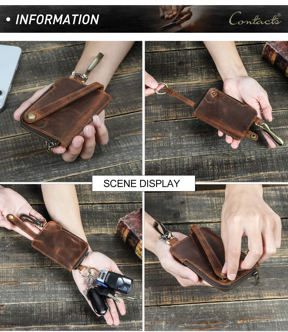CONTACT'S Echtleder-Schlüsseletuis für Herren Großer Metallhaken Luxuriöses Autoschlüssel-Etui mit Reißverschluss Leder-Schlüsselorganizer für Männer – Detail 6