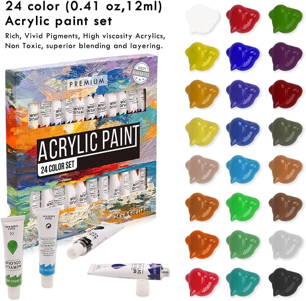 Acrylic Paint Set 56 pcs,Painting Supplies with 24 Acrylic Paint,16 Sheets Pad,Painting Brushes,Canvas,Palette,Easel Kit