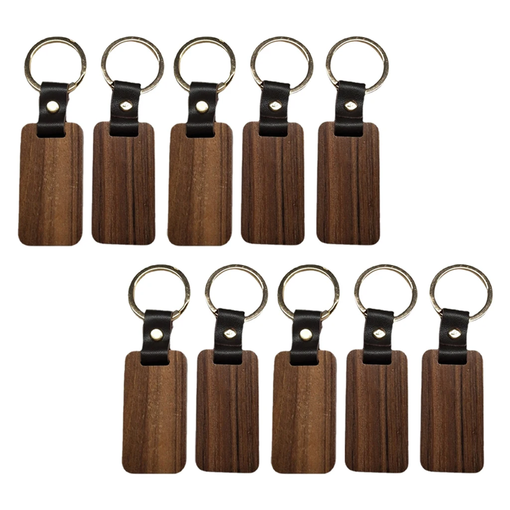 10pcs Wooden Keychain Rectangular Collectible Key Ring Car Bag Hanging Pendant Painting Crafts