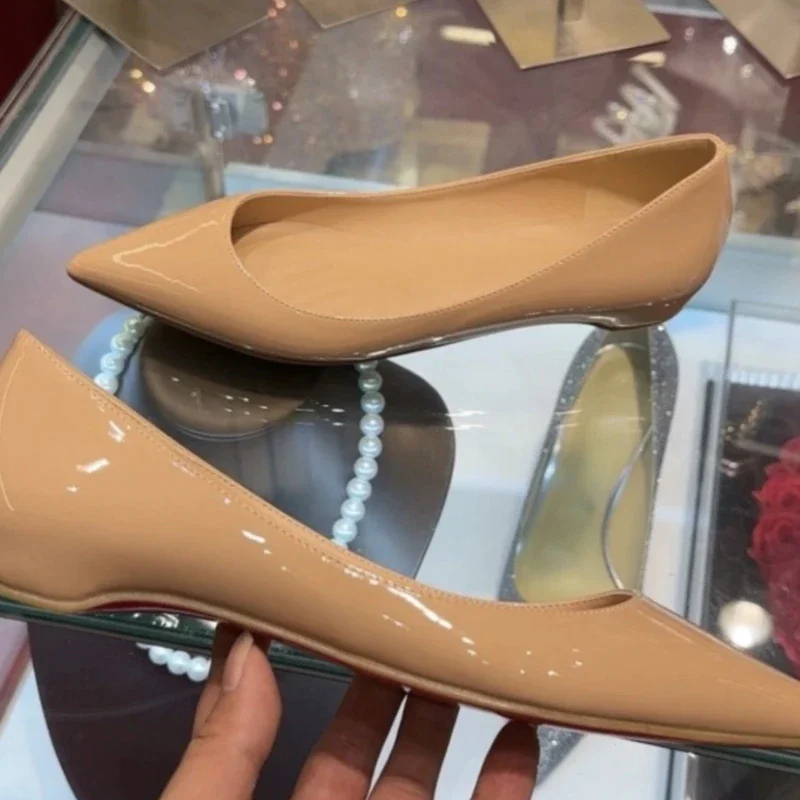 Nude Flat Shoes Women's Spring  New Low-heeled Temperament Pointed-toe Versatile Patent Leather Black Red Soled Women's Shoes 3