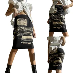 Women Spring Summer Casual Skirt, High Waist Retro Car Letter Printed Slim Fit Straight Mid Skirt