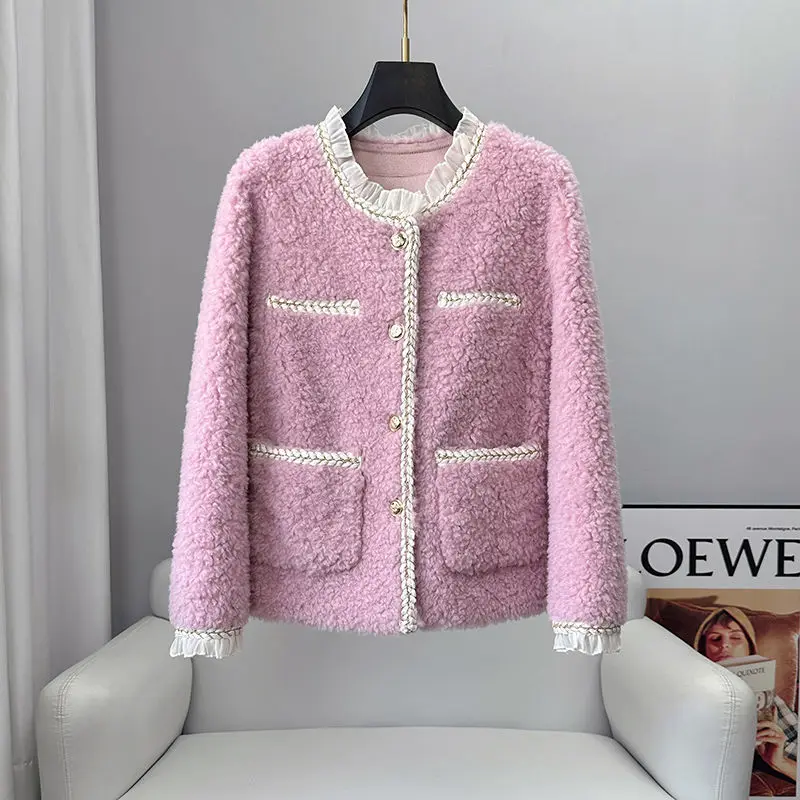 

2023 New Fashion Coat Real Mink Whole Fur Women O-neck Winter Thickening Warm Female Sheep Shearing Fur Jacket Lamb Fur F16