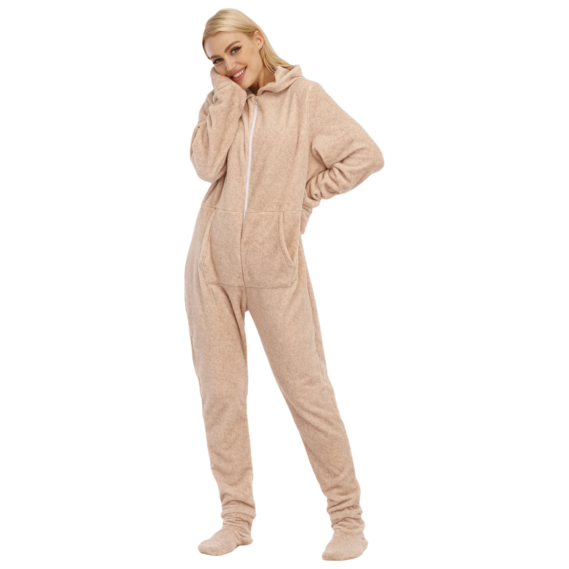 Women Solid Color Hooded Nightwear Jumpsuit Sleepwear Winter Woman's Pajama Hooded Home Pajamas One Piece Adult Onesie