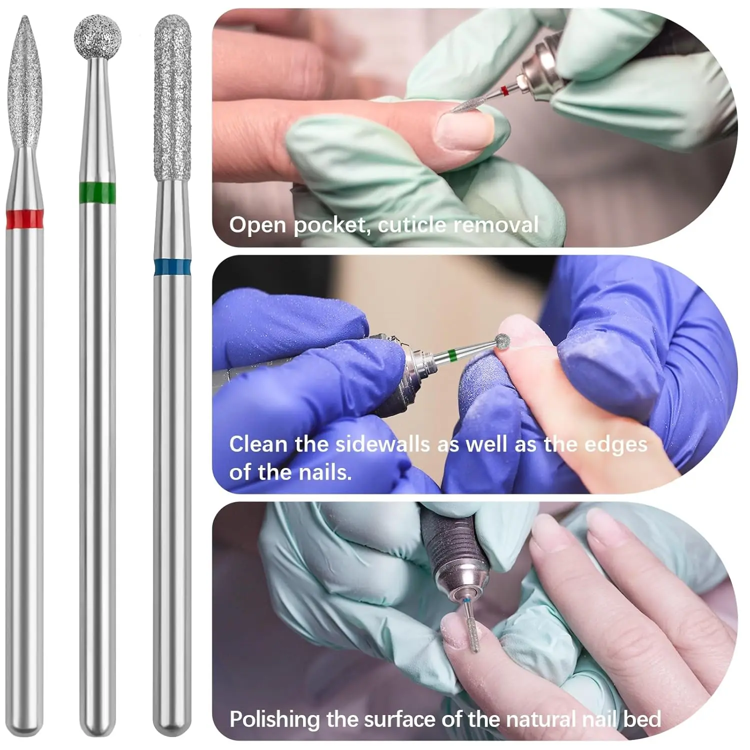 3개 다이아몬드 네일 드릴 비트, 손톱 아래 클리너 큐티클 제거기 네일 준비, 네일 기술자용 네일 용품