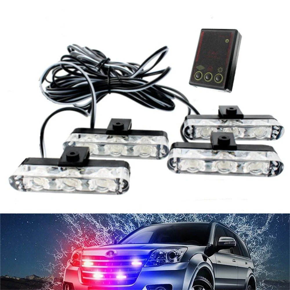 4pcs LED Lights Car Strobe Police Lights Cigaretteer Grill Warning Lamp