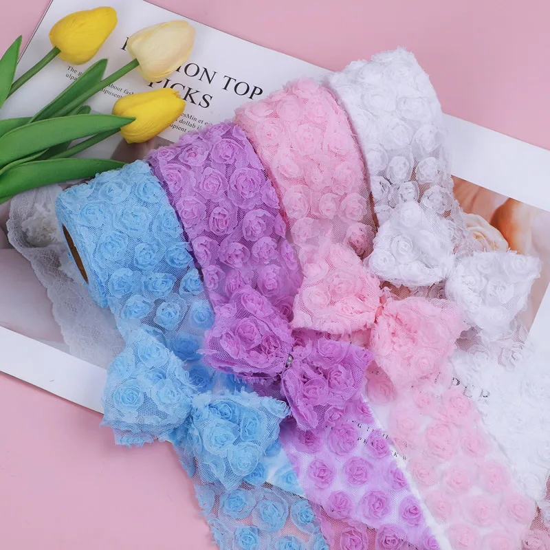 Rose Flower 3D Chiffon Lace Trim Ribbon Fabric for Applique Sewing Wedding Headdress Decoration Accessories 5yards/roll 14colors silk satin ribbons fabric flowers