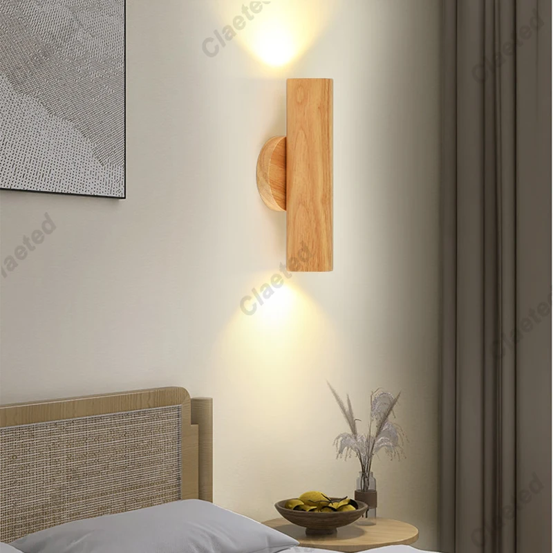 

Nordic Style Solide Wood Wall Lamp for Dining Room Bedroom Foyer Chinese Up Down Double Heads Background Aisle Led Wall Light