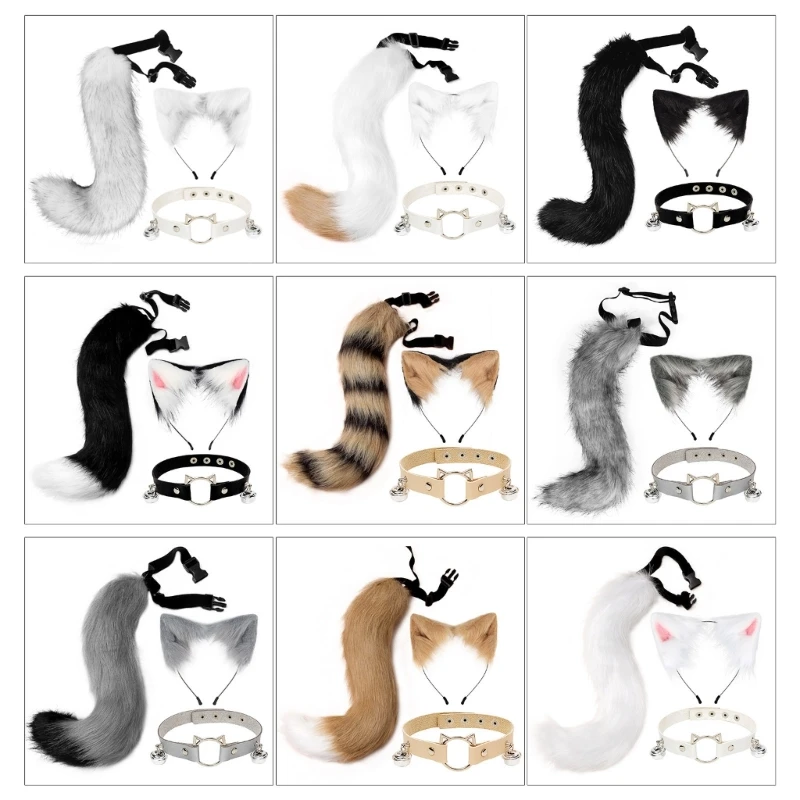 

Пушистая повязка на голову с кошачьими ушками, обруч для волос, ожерелье, комплект с хвостом, кожаное колье для Хэллоуина,