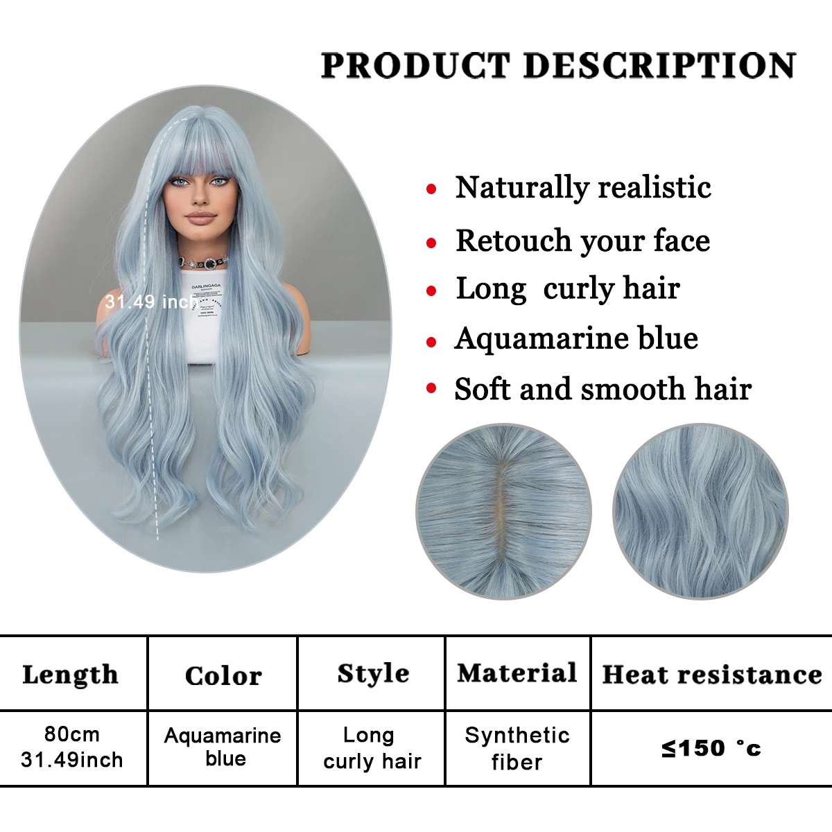 PARK YUN Long Wavy Light Blue Wig For Women Natural Bangs