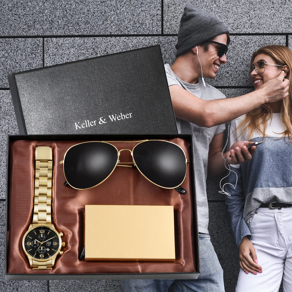 Luxury Gold Quartz Watches Credit Card Case Sunglasses Set Fashion Business Men Watch Male Gifts for Husband Boyfriend with Box