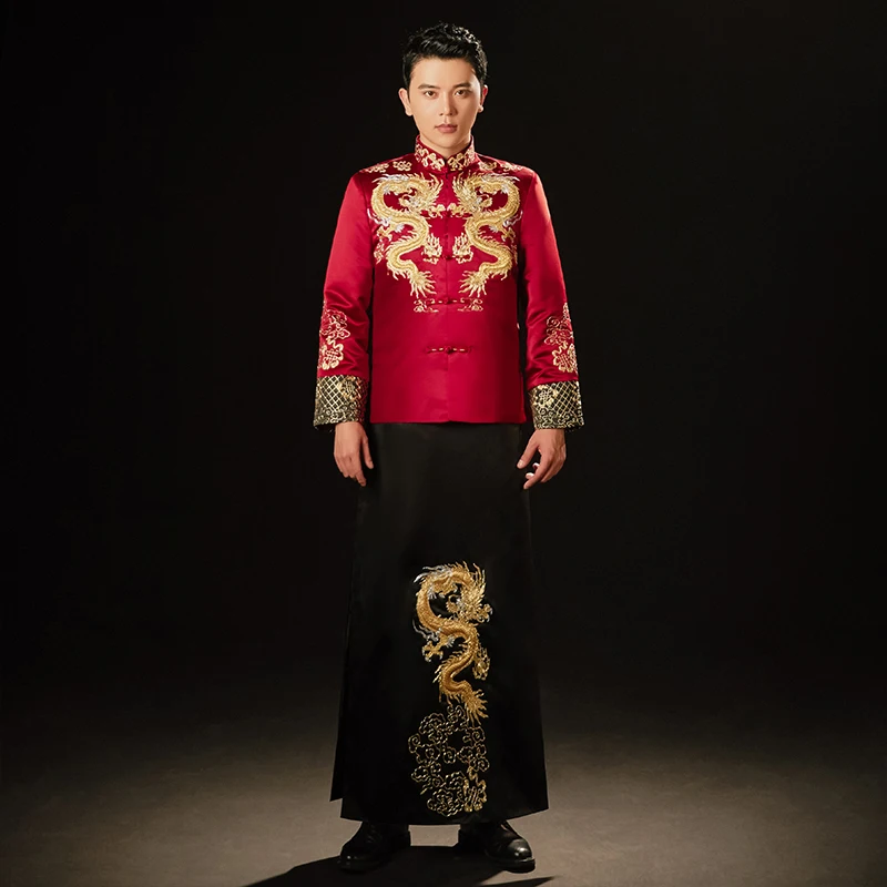 Chinese Wedding Clothing  Groom Red Jacket Tang Suit Embroidered Dragon Gown Men's Ancient style Oriental Costume