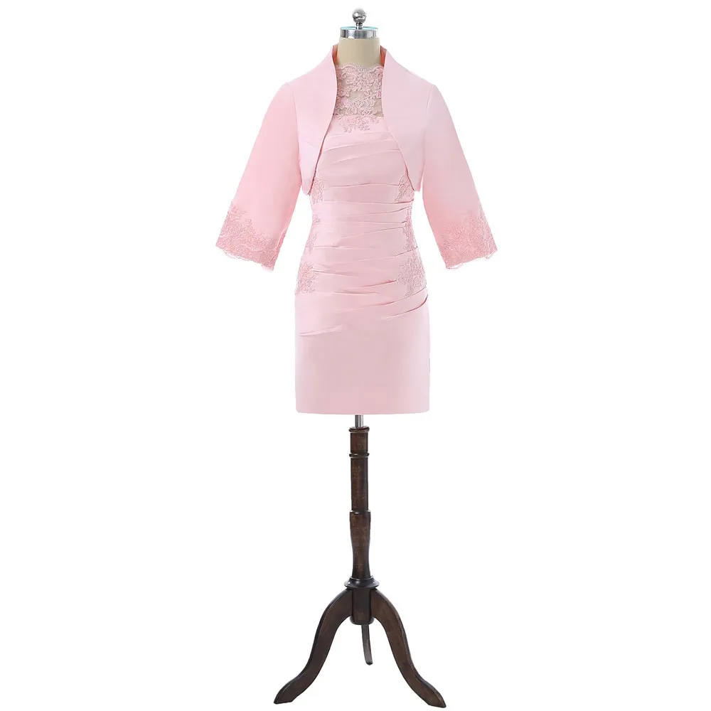 

Pink Mother Of The Bride Dresses Sheath Knee Length Satin Appliques With Jacket Short Groom Mother Dresses For Wedding