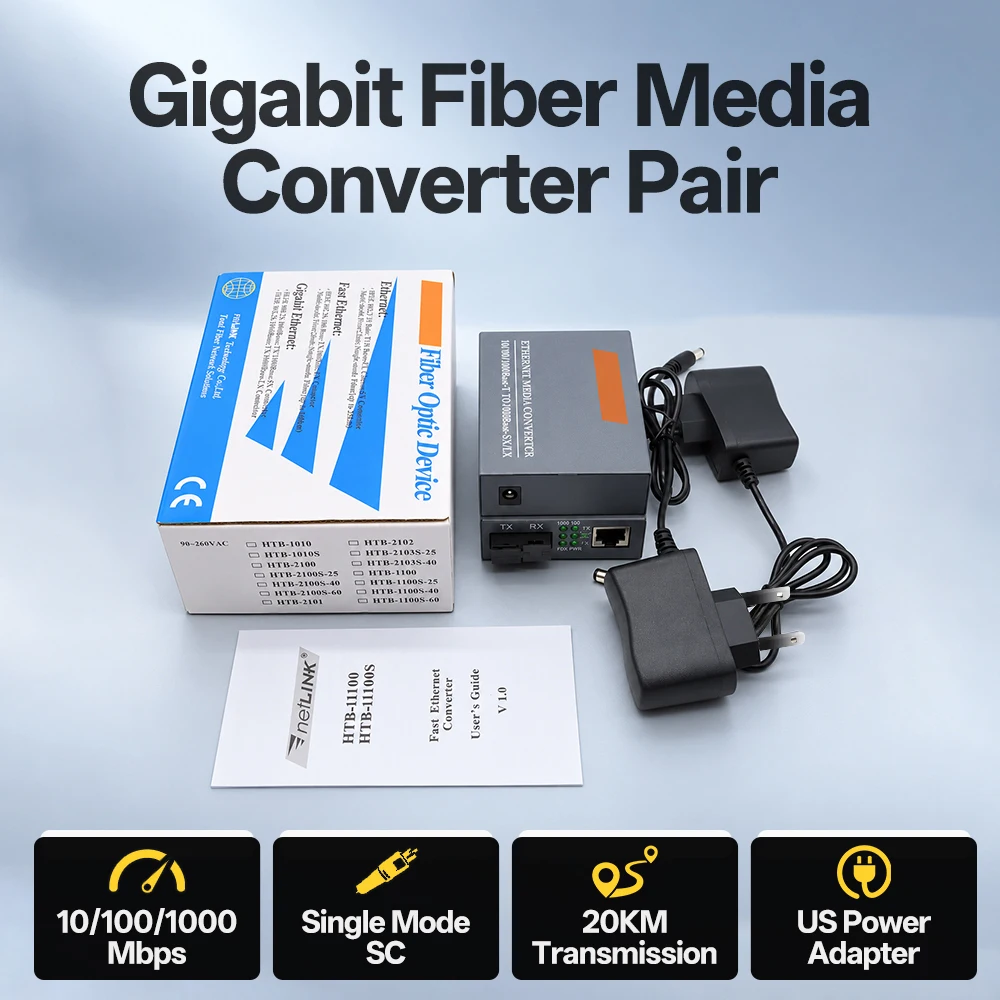 High-Speed Single Fiber Media Converter with External Power Supply, SC Connector