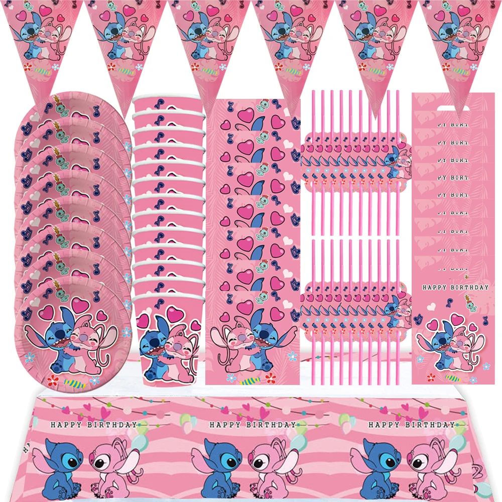 Disney Lilo&Stitch Birthday Party Decoration Baby Shower Pink Disposable Tableware Set Balloon Decoration Background Supplies 21 sizes self adhesive thermal stickers pink color direct thermal label office stationery supplies name tag labels 1 roll