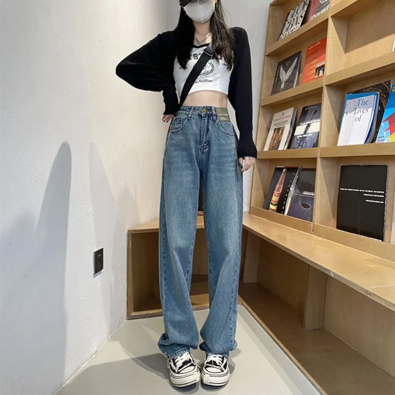 Spring and Autumn New Fashion Show Tall Show Thin Loose Waist Straight Leg Jeans