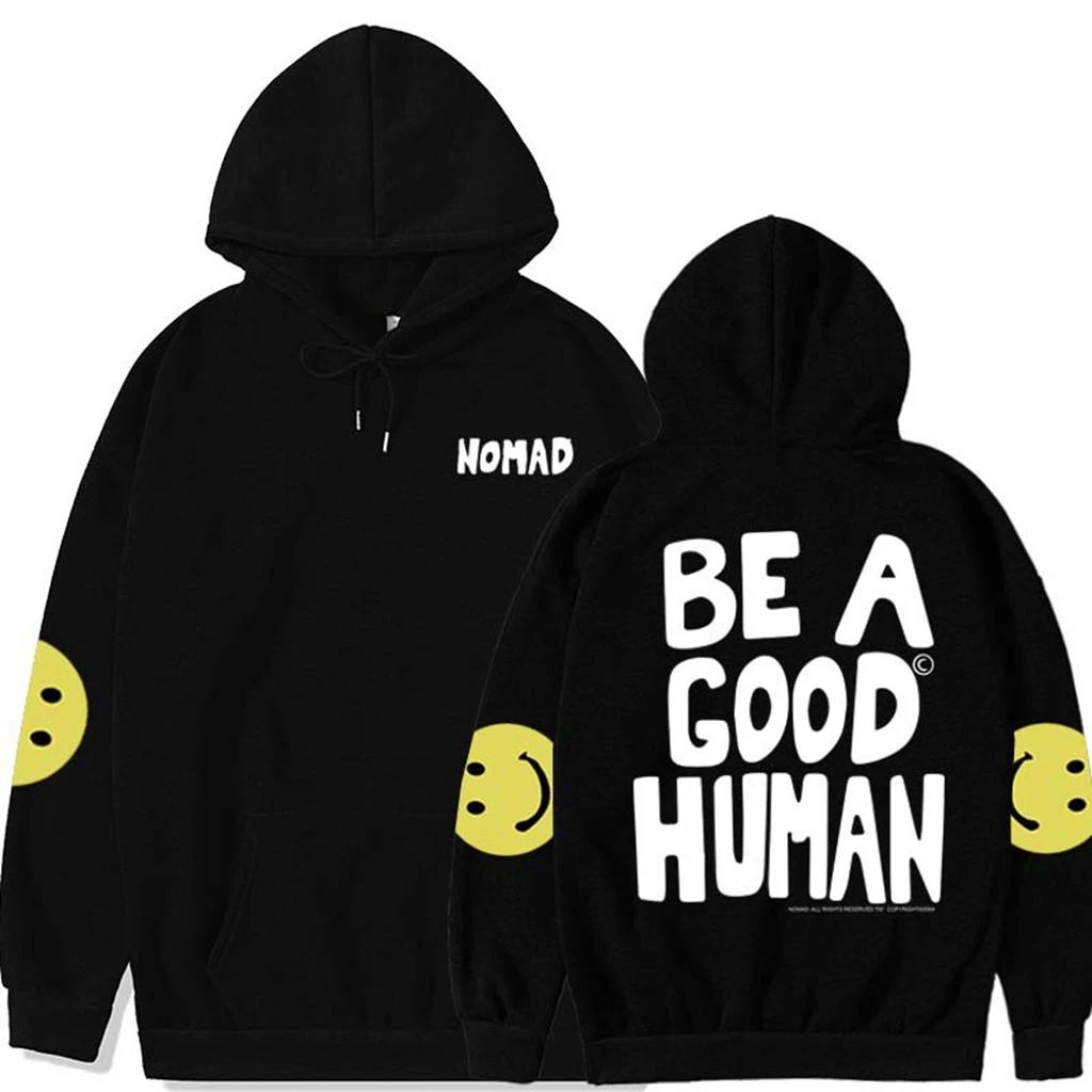NOMAD BE A GOOD HUMAN JIM 주변 동일 후드, Y2k 후드 셔츠 탑, 여성 의류, 루즈 풀오버, 가디건, 스웻셔츠