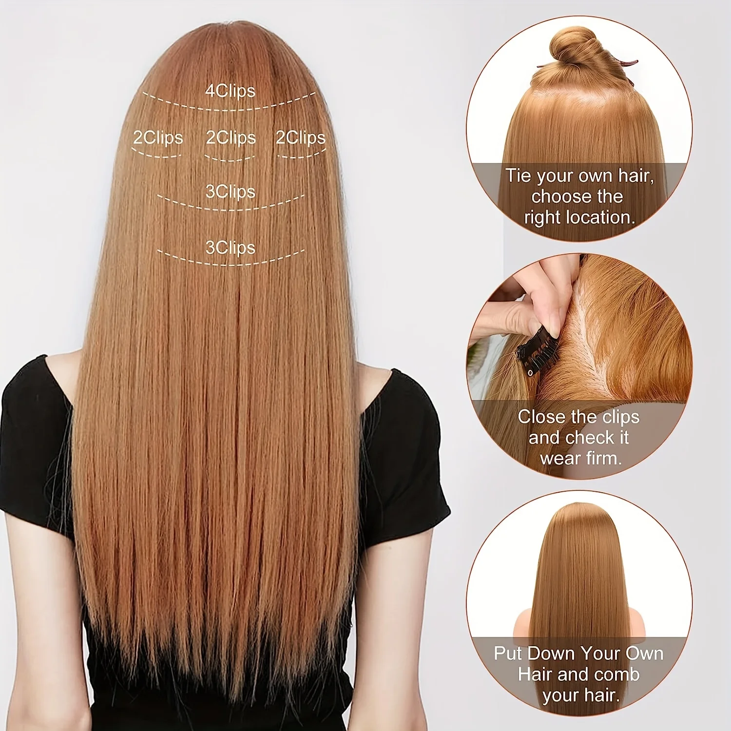Extension per capelli con 16 clip, 24 pollici, lunghi e lisci, sintetici, biondi e neri, resistenti al calore, 6 pezzi/set - immagine 4