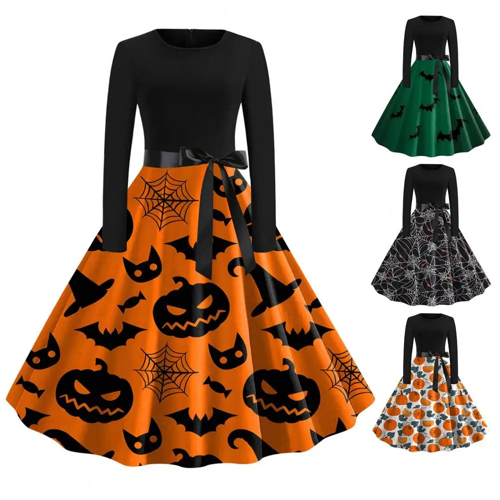 

Fall Spring Midi Dress Vintage Bat Pumpkin Printed Swing Dress Women's Halloween Costume for Cocktail Party Prom 1950s Retro