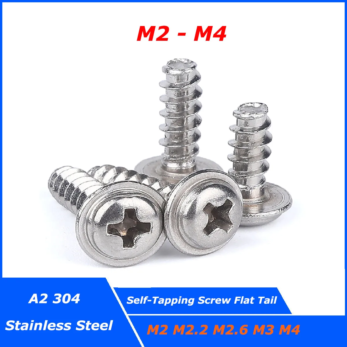 

10-100pcs M2 M2.2 M2.6 M3 M4 304 Stainless Steel PWB Cross Phillips Pan Round Head with Washer Self Tapping Screws Flat Tail