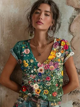 2026 Women's Tops Women's Floral T-Shirt Summer 2026 Short Sleeve Casual Loose Vintage Streetwear Fashion Clothes for Woman 1