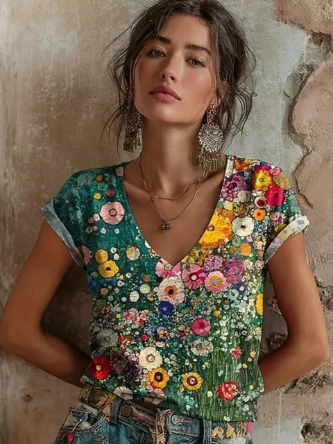 T-shirt floral pour femme 2026 – Collection été décontractée à manches courtes, style vintage streetwear tendance 1