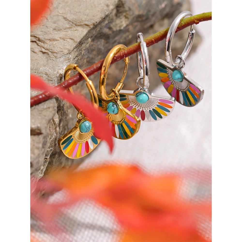 Yhpup Y2K Colorful Enamel Stainless Steel Fan Geometric Bohemian Rainbow Drop Hoop Earrings Women Trendy Fashion Charm Jewelry - Image 6