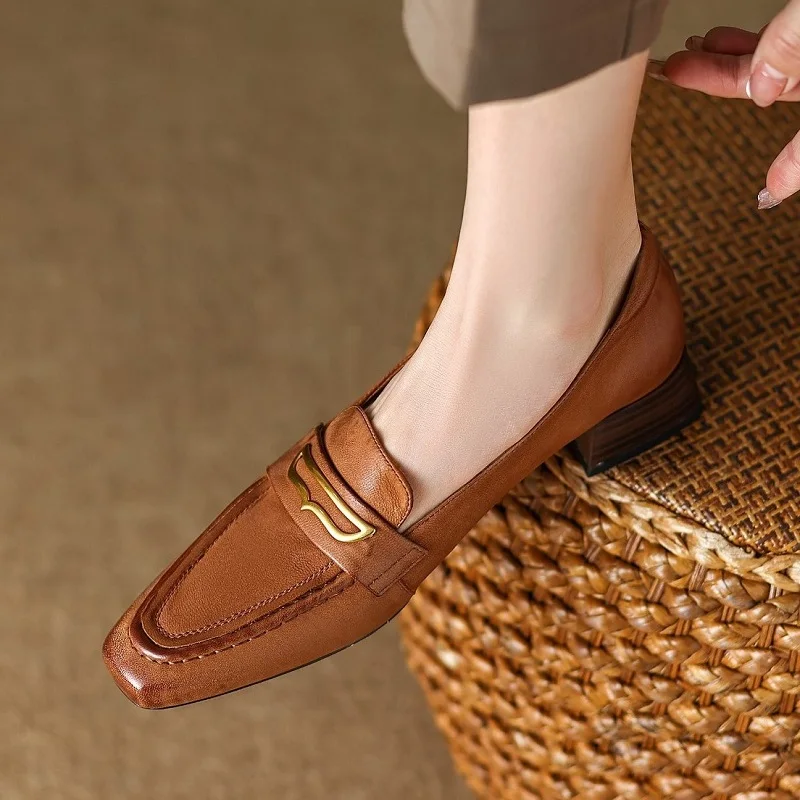 

Women Loafers On Heel French Style Sheepskin Retro Pumps Women's Vintage Shoes Cozy Med Heels Slip On Thick Heel Simple Shoes