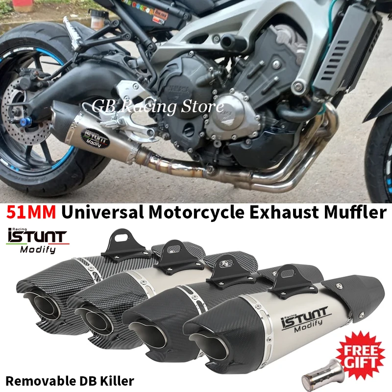 Universal 51mm Motorcycle AT2 Exhaust Muffler Pipe Stainless Steel GP Scooter Motorbike Pipe For GSXS750 R1 R3 R6 MT07