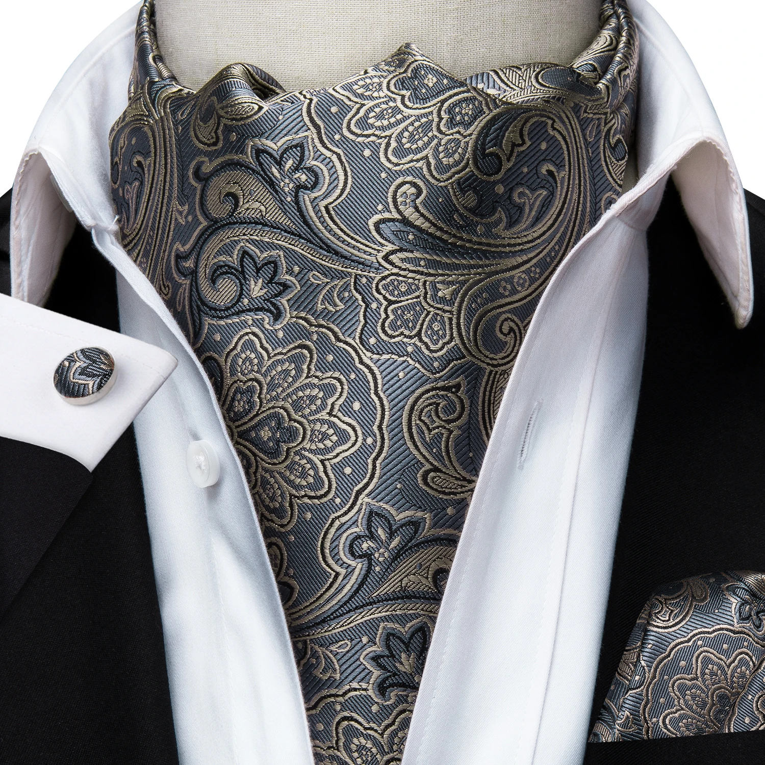 Dropshipping Seide Herren Ascot Hanky Manschettenknöpfe Set Jacquard Paisley Floral Vintage Krawatte Krawatte Großhandel für Männliche Hochzeit Business – Detail 39