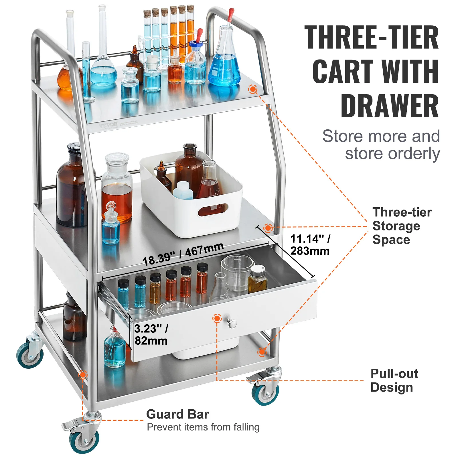 Stainless Steel 3 Layer Lab Serving Cart with Lockable Wheels