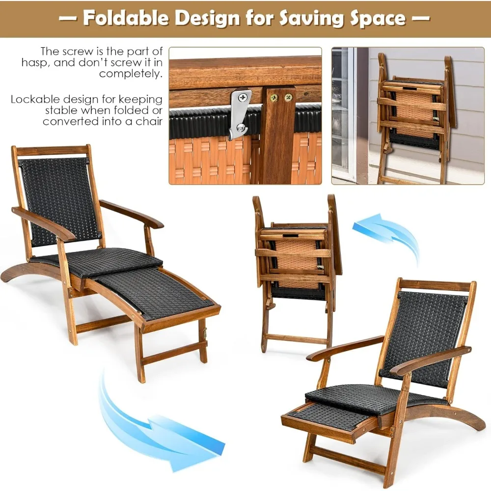 Patio Chaise Lounge Chair - Acacia Wood Folding Rattan Wicker Chair w/Retractable Footrest, Space-Saving Ergonomic 5