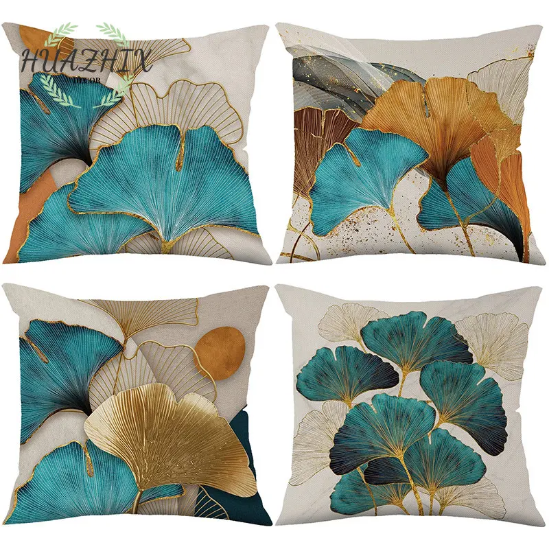 

Green Gold Ginkgo Leaf Pillow Case for Living Room Decor Morden Square Bedroom Sofa Comfort Peach Skin Pillowcase Home Decor