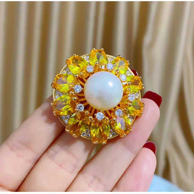 Bright Cubic Zirconia Pearl Flower Corsage Pin For Girls Sweet Temperament Luxury Wedding Party Bridal Statement Brooches