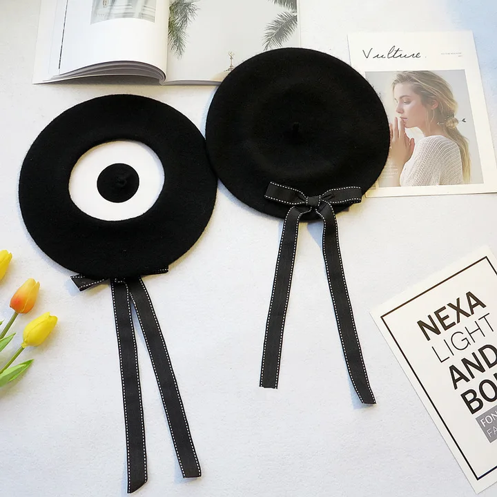 2024 New Japanese Wool Big Bow Beret Female Korean Version Autumn and Winter Wild Retro for Feeling Painter Hat Tide