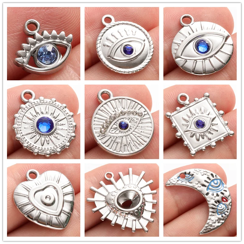 5 Stück Edelstahl-Anhänger mit Fatima-Hand, Herz/Mond/Rundem Bösen Auge für Schmuckherstellung, dunkelblauer Strass-Charm, Großpackung