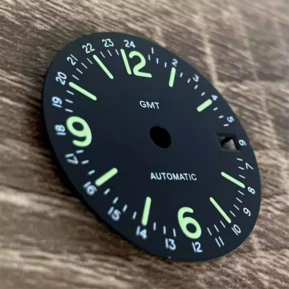 Esfera de reloj negra a escala verde y blanca de 29mm, esfera de reloj GMT para NH34, movimiento mecánico automático