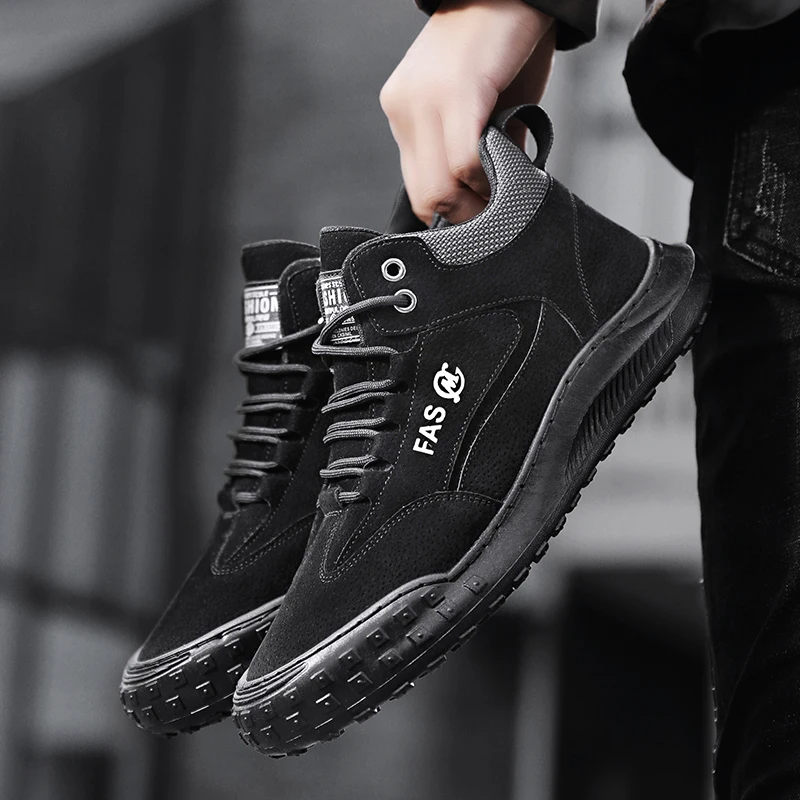 STRONGSHEN Men Leather Hiking Shoes Wear-resistant Outdoor Tyre Bottom Tooling Shoes Lace-Up Climbing Trekking Hunting Sneakers