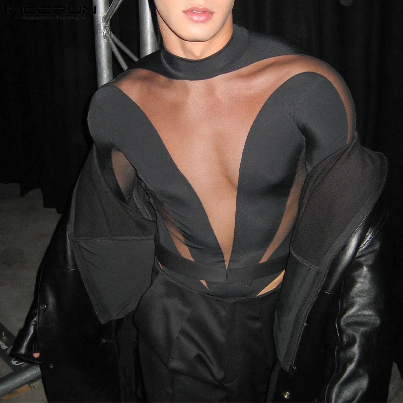 Men Bodysuits Mesh Patchwork Transparent Turtleneck Long Sleeve Rompers Male T Shirt Streetwear Fashion Bodysuit INCERUN