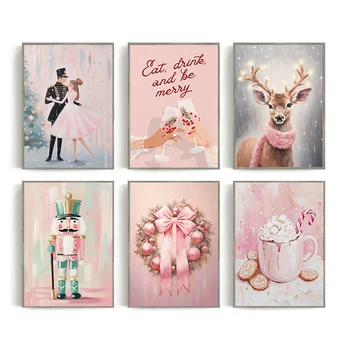 Pink Christmas Holiday Wreath Festive Reindeer Cocktail Cheer Sign Poster Canvas Painting Wall Art Pictures Home Interior Decor