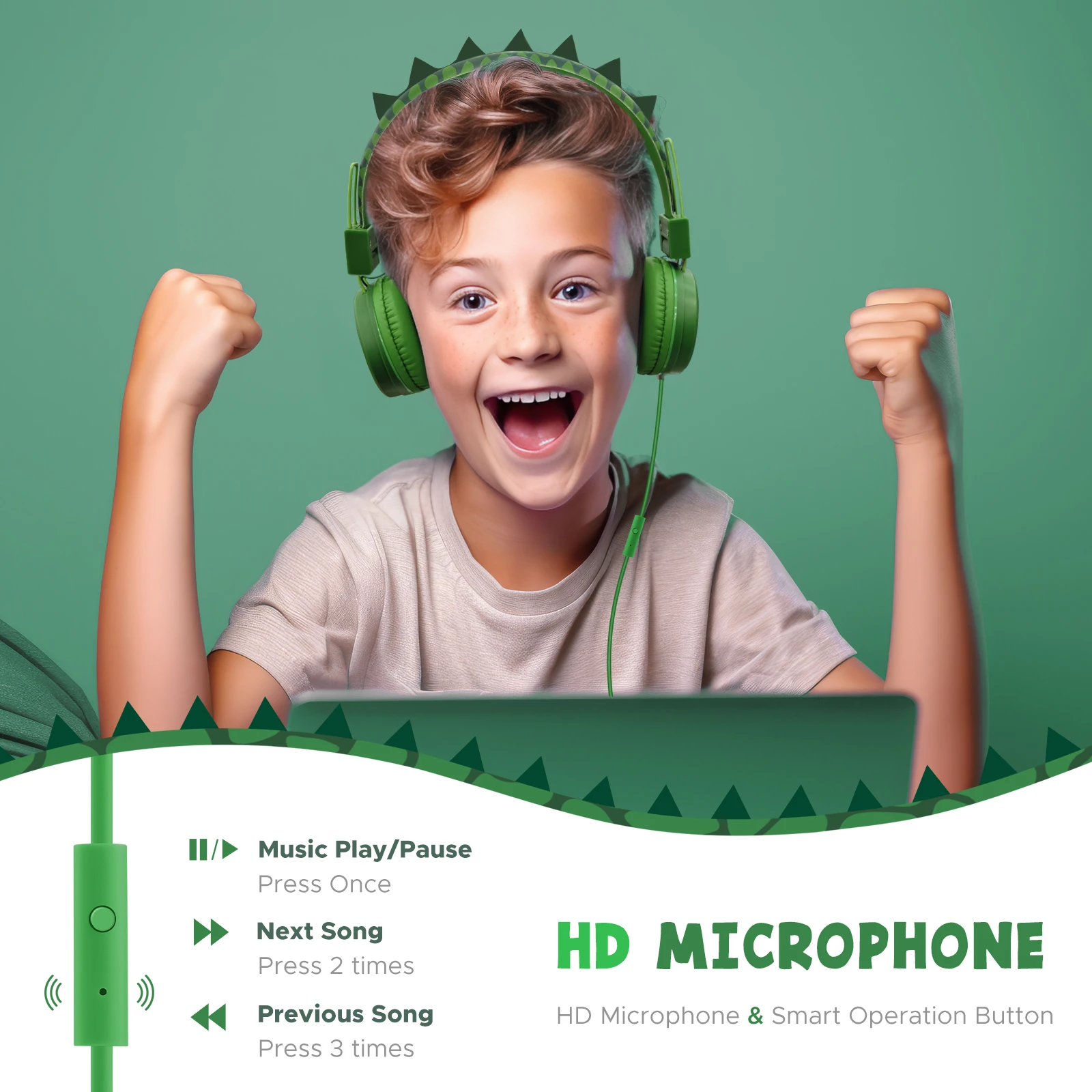 Kids Dinosaur Headphones Childrens Cute Wired for School Boys  with Microphone and 85dB Volume Limit for iPad/Kindle/Fire Tablet