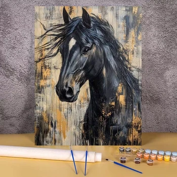 Kit Pittura a Olio Cavallo Nero Senza Cornice 1pz, Quadro Dipinto a Mano con Numeri su Tela, Decorazione Casa Fai da Te, Pittura con Numeri