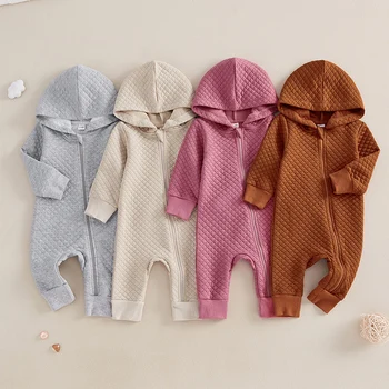 Newborn Baby Boys Girls Hooded Jumpsuits Fall Winter Casual Long Sleeve Zip Up Hoodies Rompers Toddlers Infants Pajamas 1
