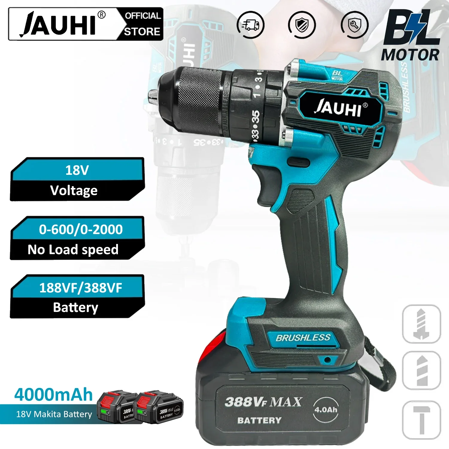 JAUHI 13mm High-Power Brushless Electric Impact Drill with Dual Speed and Adjustable Torque