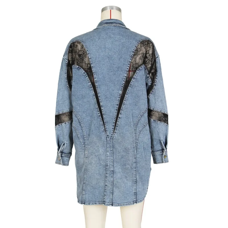 Lace Patchwork Denim Jacket for Women 2023 Autumn Long Sleeve Turn-down Collar Single Breasted Oversize Shirt Streetwear